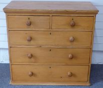 Victorian pine chest of two over three drawers with turned handles, W96 x D47 x H89.5cm