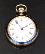 Turler gold plated keyless winding open faced ladies pocket watch with blue enamel bezel and