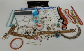 A coral necklace, vintage belt, glass beads, silver pill box, paste necklace, silver rings, silver