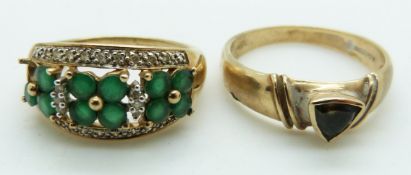 A 9ct gold ring set with emeralds and diamonds and a 9ct gold ring set with tourmaline, 7g