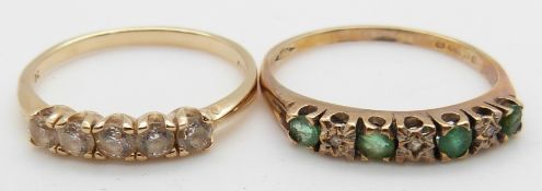 A 9ct gold ring set with diamonds and emeralds, 2g, size V and a 14ct gold ring set with cubic