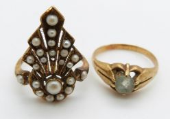 Victorian ring set with seed pearls, 2.7g, size K and an 18ct gold ring, 3.6g, size M