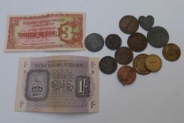 A collection of 19thC military canteen and bar tokens, together with some later B.A.F. notes and