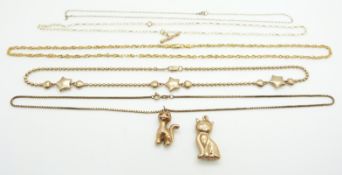 A 9ct gold necklace, two 9ct gold cat pendants, 9ct gold necklaces and a 9ct gold star necklace,