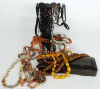 Art Deco French jet necklace, four agate necklaces, a pearl necklace, two coral necklaces, etc in