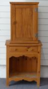 Pine side table with single drawer above shelf, W58 x D36 x H69cm and an oak corner cupboard, H64cm