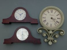 A pair of Napoleon hat style Newgate mantel clocks and a wall clock