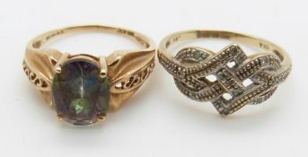 A 9ct gold ring set with mystic topaz, 3.2g, size P and a 9ct gold ring set with diamonds, 2.3g,