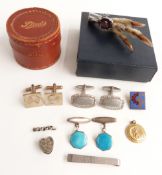 A pair of Charles Horner silver cufflinks set with blue enamel, silver tie clip, pair of silver