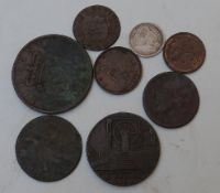 Small collection of interesting coinage to include Coalbrookdale 1779 Conder token, George IV 1822