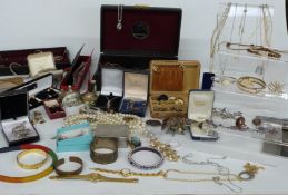 A collection of costume jewellery including vintage earrings, abalone bracelet, necklaces,