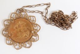 1892 gold full sovereign in 9ct gold mount and 9ct gold chain,13.5g