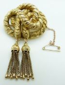 Victorian gold knot brooch with textured surface and two tassels, 14.5g, 4 x 6.5cm