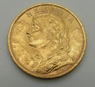 1922 gold Swiss twenty Franc coin