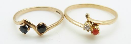 Two 9ct gold rings, one set with sapphires and the other a diamond and a cabochon, 3.5g
