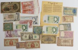 A small collection of used overseas banknotes to include Egyptian, Chinese c1945 etc, together