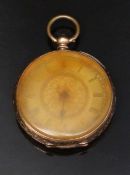 14ct gold open faced ladies pocket watch with blued hand, black Roman numerals, engraved self
