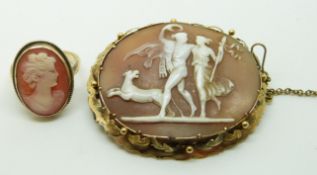 Victorian yellow metal brooch set with an unusual cameo and a 9ct gold ring set with a cameo