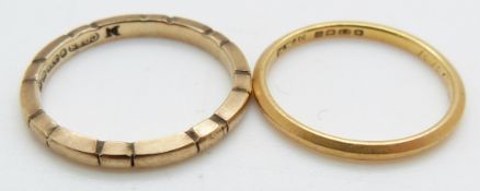 A 22ct gold wedding band/ring, 1.8g, size M and a 9ct gold wedding band/ring, 2g, size M