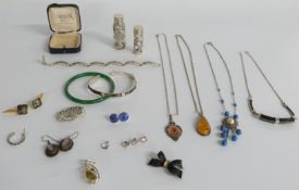 Silver jewellery including Art Deco style bracelets, Mackintosh style bar brooch, earrings, scent