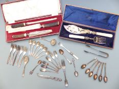 Quantity of silver plated ware including carving set with mounts marked sterling, cased fish servers