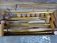 Vintage cased croquet set with eight mallets and two children's mallets etc, some marked F Hayres,