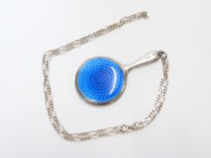 Art Deco hallmarked silver pendant/ miniature mirror set with blue guilloché enamel Birmingham 1923
