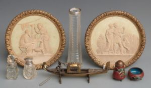 A pair of classical style pottery wall plaques, diameter 17.5cm, cloisonne' ware, silver topped