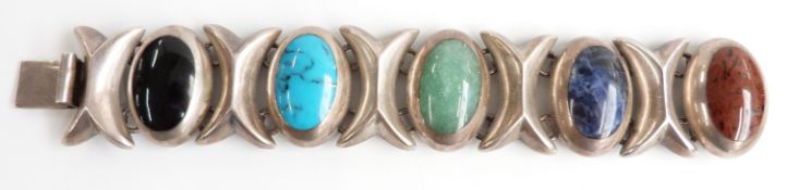 Mexican silver bracelet set with agate cabochons, marked Mexico 925