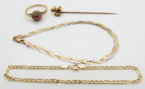 Two 9ct gold bracelets (2.4g), a yellow metal flower stick pin set with a ruby and a 9ct gold ring