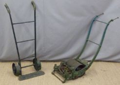 19th/20thC cast iron lawnmower 'Drummond Brothers Guildford' and a vintage sack truck, H90cm