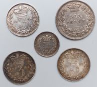 A small collection of young head Victorian silver comprising 1886 sixpence VF+ and an 1839
