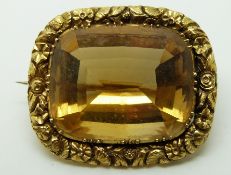 Victorian brooch set with a large mixed cushion cut citrine, in antique jewellery box, 3.5 x 3cm