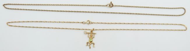 A 9ct gold necklace 1.9g, 22cm drop and a 9ct gold chain 1.3g, 20cm drop