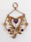 Art Nouveau 9ct gold pendant set with amethysts by H & W, 3cm long