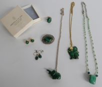 A collection of silver jewellery including marcasite and malachite brooch, malachite earrings,