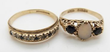 Two 9ct gold rings, one set with sapphires and the other opal and sapphires, 3.2g,