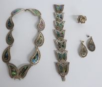 A suite of Mexican silver jewellery set with abalone comprising necklace, bracelet and earrings
