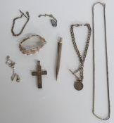 A hallmarked silver Yard-O-Led pencil, filigree cross pendant, hallmarked silver Albert watch chain,
