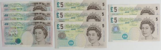 Three consecutive 'S Kentfield' UK £5 banknotes, together with five 'Andrew Bailey' examples, two of