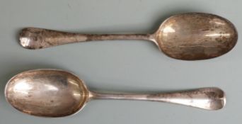 Pair of George I bottom hallmarked silver rat tail table spoons, London 1721 maker Joseph Barbut,