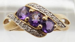 A 9ct gold ring set with amethysts and diamonds, 2.4g, size P