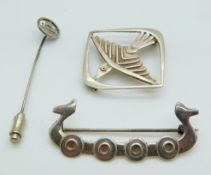 Hallmarked Scottish silver brooch depicting a bird by Ola Gorie, another silver brooch and a