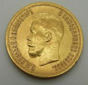 1899 gold Russian ten Rouble coin