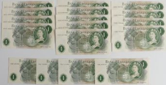 Thirteen 'J Hollom UK £1 banknotes, including two trios and a pair of consecutives, together with