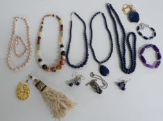 An agate necklace, a pearl necklace, lapis lazuli necklace, bracelet and earrings etc