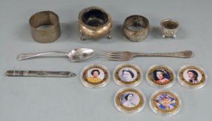 Hallmarked silver salt with blue glass liner, hallmarked silver napkin ring, further napkin ring