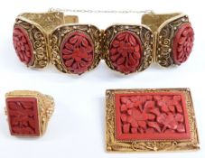 Chinese suite of silver gilt filigree jewellery set with cinnabar lacquer panels
