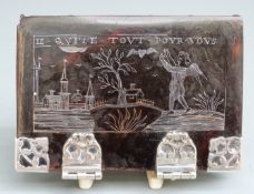 18th century novelty snuff box formed as a book, the tortoiseshell lid decorated with a silver