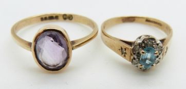 A 9ct gold ring set with an amethyst and a 9ct gold ring set with a topaz and diamonds, 3.7g